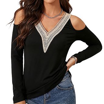 Women's Long Sleeve Cold Shoulder Lace Trim V Neckline Top