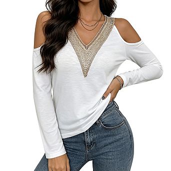 Women's Long Sleeve Cold Shoulder Lace Trim V Neckline Top