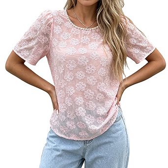 Women's Short Sleeve Floral Embroidery Blouse Crew Neck Keyhole Back Tops