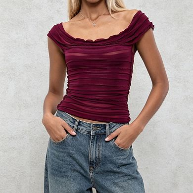 Women's Off The Shoulder Ruched Mesh Fitted Crop Top With Scallop Trim