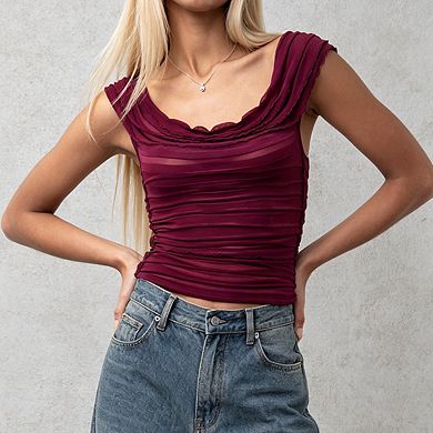 Women's Off The Shoulder Ruched Mesh Fitted Crop Top With Scallop Trim