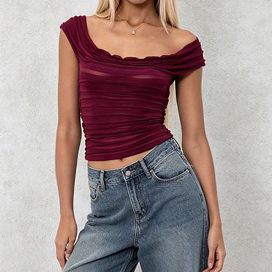 Women's Off The Shoulder Ruched Mesh Fitted Crop Top With Scallop Trim