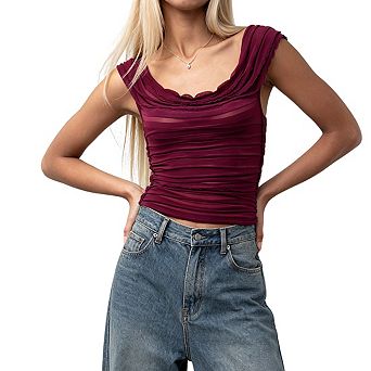 Women's Off The Shoulder Ruched Mesh Fitted Crop Top With Scallop Trim