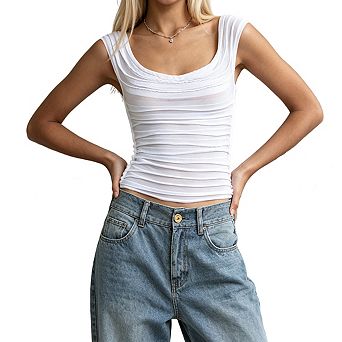 Women's Off The Shoulder Ruched Mesh Fitted Crop Top With Scallop Trim