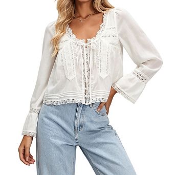 Women's Long Sleeve Lace Trim Cropped Blouse With Tie Front Detail