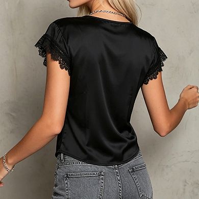 Women's Short Sleeve Lace Trim V Neck Blouse With Tie Front Detail
