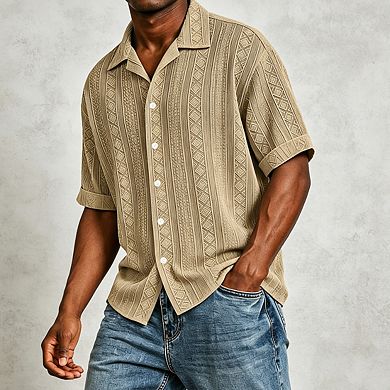 Men's Short Sleeve Collar Geometric Textured Button Down Knit Shirt