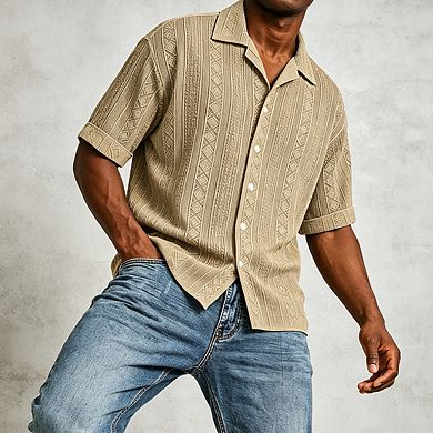 Men's Short Sleeve Collar Geometric Textured Button Down Knit Shirt