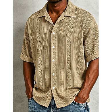 Men's Short Sleeve Collar Geometric Textured Button Down Knit Shirt