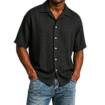 Men's Short Sleeve Collar Geometric Textured Button Down Knit Shirt