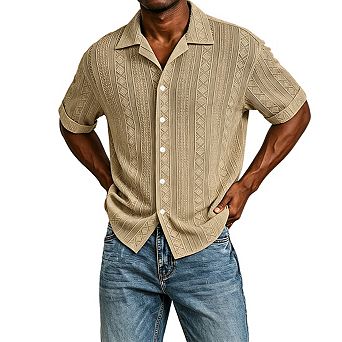 Men's Short Sleeve Collar Geometric Textured Button Down Knit Shirt