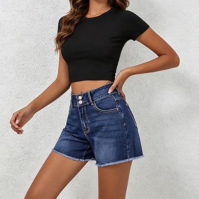 Women's High Waist Double Button Denim Shorts With Frayed Raw Hem