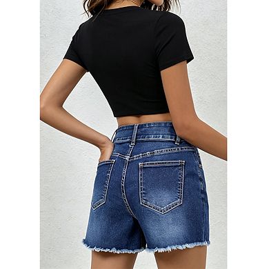 Women's High Waist Double Button Denim Shorts With Frayed Raw Hem