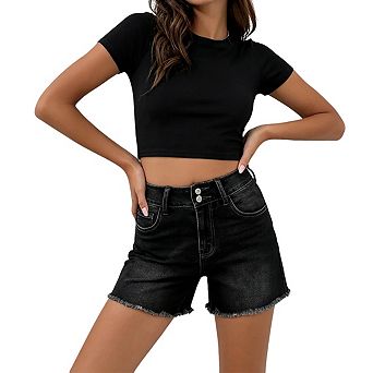 Women's High Waist Double Button Denim Shorts With Frayed Raw Hem