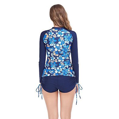 Women's Printed Long-Sleeve Rash Guard Swimsuit Solid Shorts Two-Piece Set