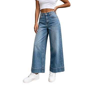 Women's High Waist Wide Leg Cropped Rolled Hem Denim Jeans With Front Pocket