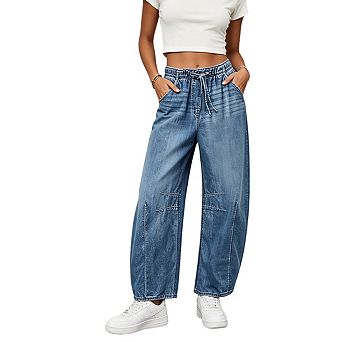 Women's Elastic Drawstring Waistband Barrel Leg Denim Jeans With Knee Stitched Detail