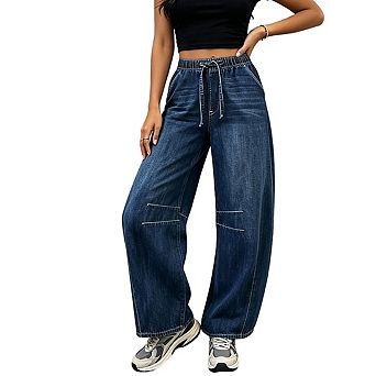 Women's Elastic Drawstring Waistband Barrel Leg Denim Jeans With Knee Stitched Detail