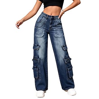 Women's High Waist Straight Leg Cargo Denim Jeans With Pocket
