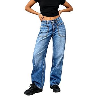 Women's High Waist Wide Leg Straight Fit Denim Jeans With Pocket
