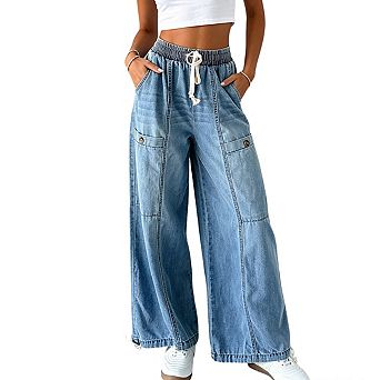 Womens Elastic Drawstring Waist Wide Leg Adjustable Cuffs Denim Jogger Pants With Side Pockets