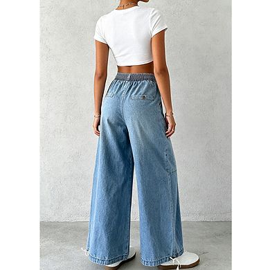 Womens Elastic Drawstring Waist Wide Leg Adjustable Cuffs Denim Jogger Pants With Side Pockets