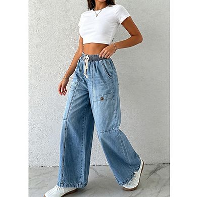 Womens Elastic Drawstring Waist Wide Leg Adjustable Cuffs Denim Jogger Pants With Side Pockets