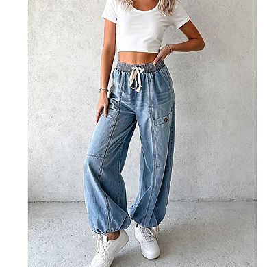 Womens Elastic Drawstring Waist Wide Leg Adjustable Cuffs Denim Jogger Pants With Side Pockets