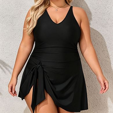 Plus Size Women's V Neck Adjustable Spaghetti Strap Side Tie Wrap Skirted 1 piece Swimsuit