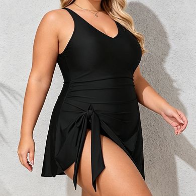 Plus Size Women's V Neck Adjustable Spaghetti Strap Side Tie Wrap Skirted 1 piece Swimsuit