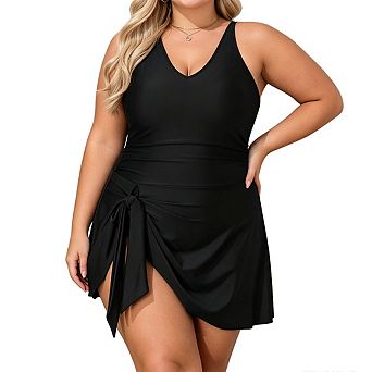 Plus Size Women's V Neck Adjustable Spaghetti Strap Side Tie Wrap Skirted 1 pc Swimsuit