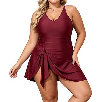 Plus Size Women's V Neck Adjustable Spaghetti Strap Side Tie Wrap Skirted 1 pc Swimsuit