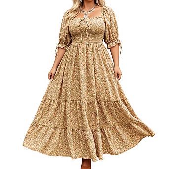 Plus Size Women's Square Neck Puff Short Sleeve Smocked Waist Tiered Floral Print Maxi Casual Dress