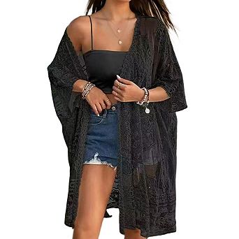Elegant Lace Swimsuit Cardigans for Women See Through Bathing Suit Kimono Beach Cover Ups