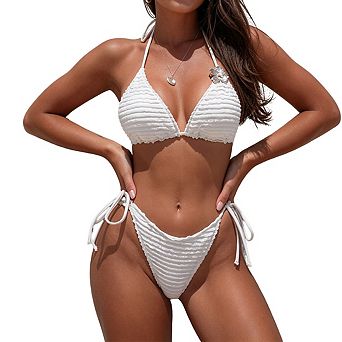 Women's Halter Back Tie Rippled Textured Side Tie High Cut Two Piece Bikini Swimsuit Set