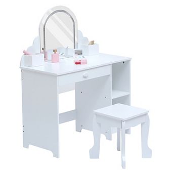 Girls Lighted Makeup Vanity Set with Chair, Wooden Storage Kids Dressing Table 3 Lighting Modes