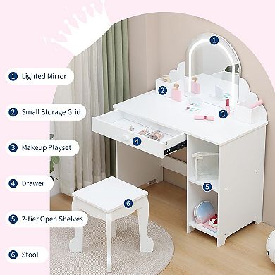 Girls Lighted Makeup Vanity Set with Chair, Wooden Storage Kids Dressing Table 3 Lighting Modes