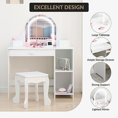 Girls Lighted Makeup Vanity Set with Chair, Wooden Storage Kids Dressing Table 3 Lighting Modes