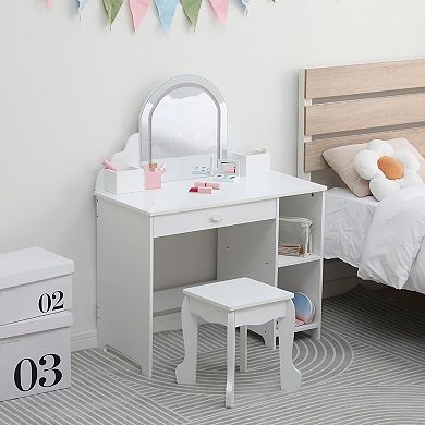 Girls Lighted Makeup Vanity Set with Chair, Wooden Storage Kids Dressing Table 3 Lighting Modes