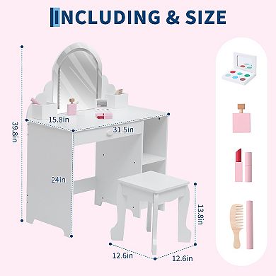 Girls Lighted Makeup Vanity Set with Chair, Wooden Storage Kids Dressing Table 3 Lighting Modes