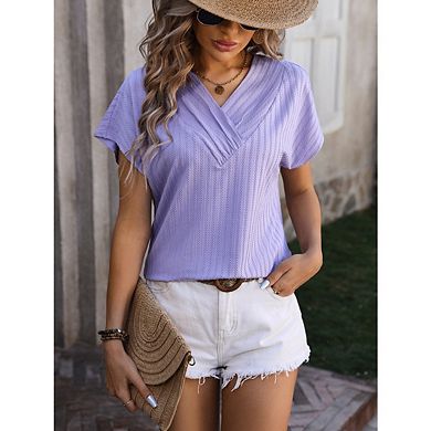 Women's casual V-neck solid color chain jacquard short-sleeved T-shirt