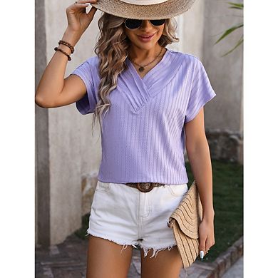 Women's casual V-neck solid color chain jacquard short-sleeved T-shirt