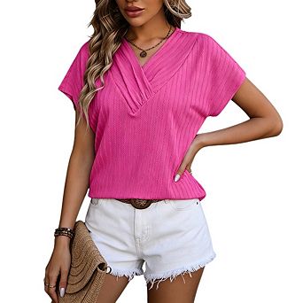Women's casual V-neck solid color chain jacquard short-sleeved T-shirt