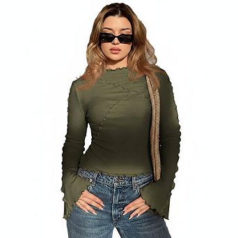 Women's Long Sleeve High Neck Knit Top with Ruffle Detail Slim Fit Casual Wear