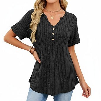 Women's Short Sleeve V Neck Knit Top with Button Detail Ribbed Fabric Casual Daily Wear