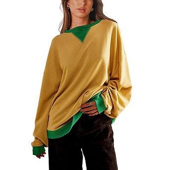 Women's Long Sleeve Crew Neck Knit Sweatshirt with Contrast Trim Loose Fit Casual Wear