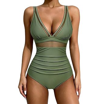Women's Tummy Control Swimsuits Mesh Chic One Piece Bathing Suits Slimming V Neck Swimwear