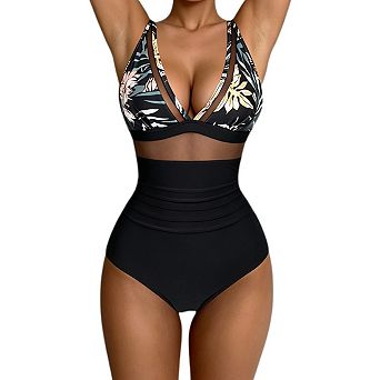 Women's Tummy Control Swimsuits Mesh Chic One Piece Bathing Suits Slimming V Neck Swimwear