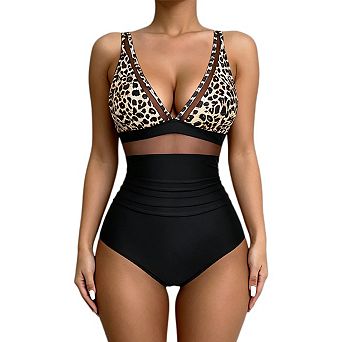 Women's Tummy Control Swimsuits Mesh Chic One Piece Bathing Suits Slimming V Neck Swimwear