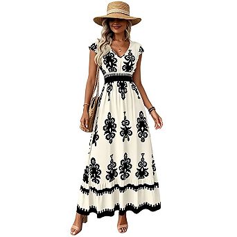 Womens Summer Casual V Neck Boho Maxi Dress Flowy Aline Bell Sleeve Tiered Floral Dresses